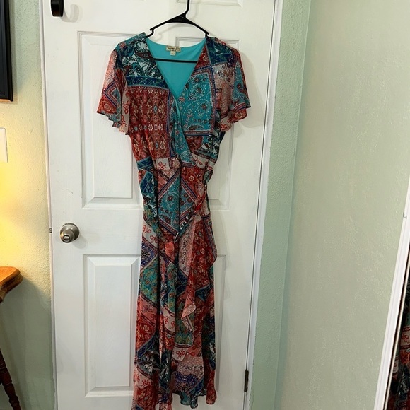 ONE WORLD Dresses & Skirts - One World Woven Chiffon Ruffle Mixed Patchwork Knit Lined Midi Dress Women's XL